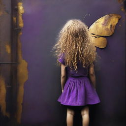 A funky abstract image with a dark rustic steel door background, featuring a child girl with golden curly hair seen from the back and a tiny purple butterfly in the background