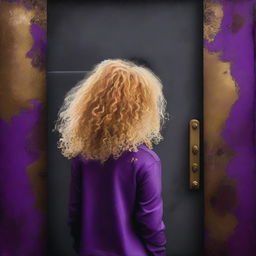 A funky abstract image with a dark rustic steel door background, featuring a child girl with golden curly hair seen from the back and a tiny purple butterfly in the background