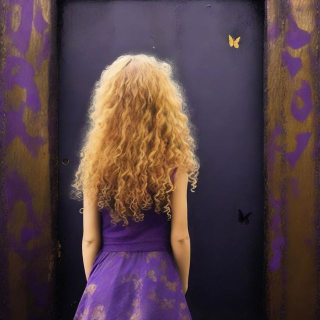 A funky abstract image with a dark rustic steel door background, featuring a child girl with golden curly hair seen from the back and a tiny purple butterfly in the background