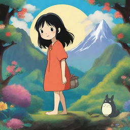 A whimsical character with black hair in the style of Studio Ghibli, with vibrant colors and intricate details