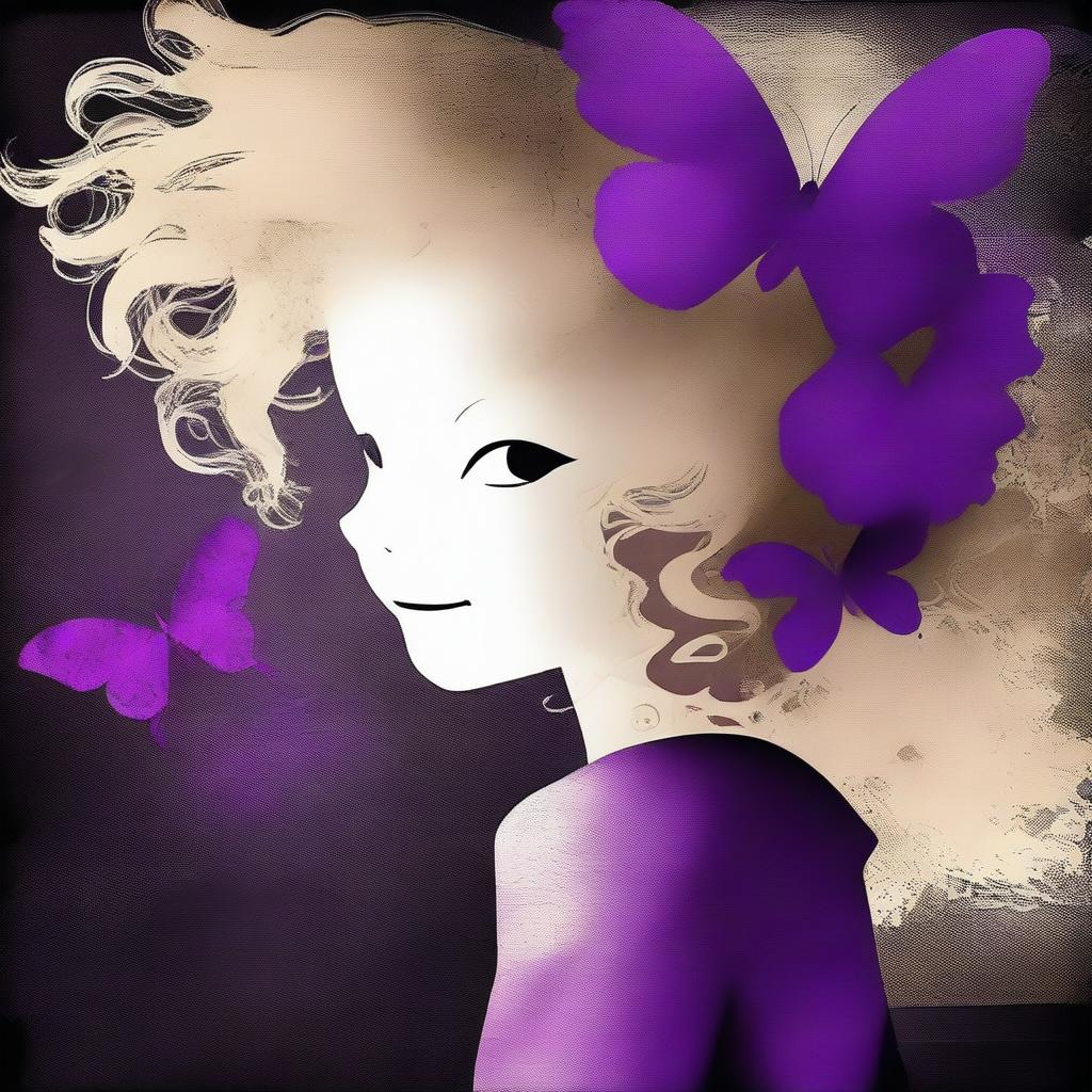 A funky abstract image with a dark rustic background, featuring a child girl with blonde curly hair seen from the back and a tiny purple butterfly in the background