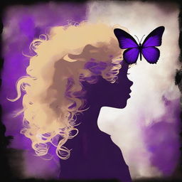 A funky abstract image with a dark rustic background, featuring a child girl with blonde curly hair seen from the back and a tiny purple butterfly in the background