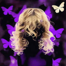 A funky abstract image with a dark rustic background, featuring a child girl with blonde curly hair seen from the back and a tiny purple butterfly in the background