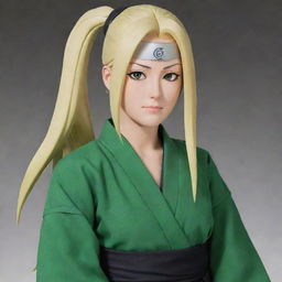 The legendary Sannin, Tsunade Senju, from Naruto. She's seen with her characteristic long, blond hair tied in two loose ponytails, piercing brown eyes, and wearing a green robe with the Konoha symbol on the back.