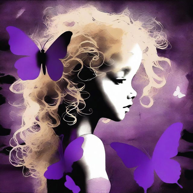 A funky abstract image with a dark rustic background, featuring a child girl with blonde curly hair seen from the back and a tiny purple butterfly in the background