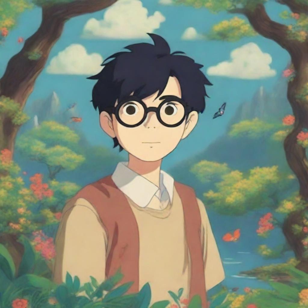 A whimsical male character with black hair and glasses in the style of Studio Ghibli