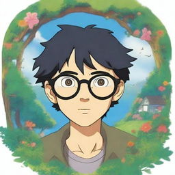 A whimsical male character with black hair and glasses in the style of Studio Ghibli