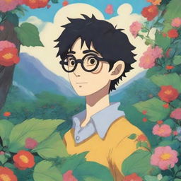 A whimsical male character with black hair and glasses in the style of Studio Ghibli