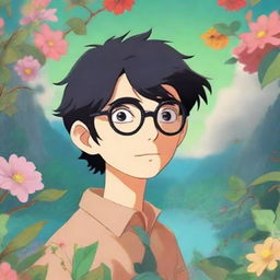 A whimsical male character with black hair and glasses in the style of Studio Ghibli