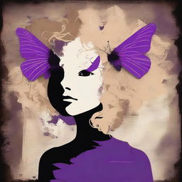 A funky abstract image with a dark rustic background, featuring a child girl with blonde curly hair seen from the back and a tiny purple butterfly in the background