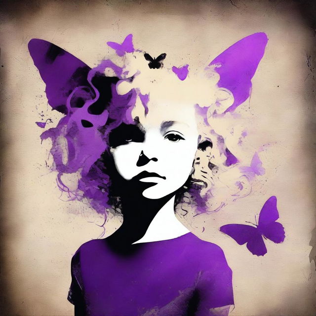 A funky abstract image with a dark rustic background, featuring a child girl with blonde curly hair seen from the back and a tiny purple butterfly in the background