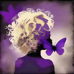 A funky abstract image with a dark rustic background, featuring a child girl with blonde curly hair seen from the back and a tiny purple butterfly in the background