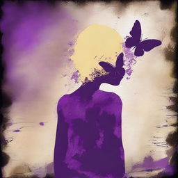 A funky abstract image with a dark rustic background, featuring a child girl with blonde curly hair seen from the back and a tiny purple butterfly in the background