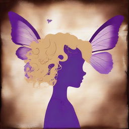 A funky abstract image with a brown rustic background, featuring a child girl with blonde curly hair seen from the back and a tiny purple butterfly in the background