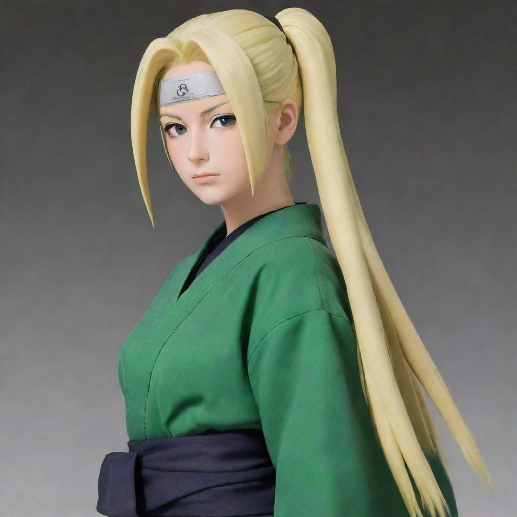 The legendary Sannin, Tsunade Senju, from Naruto. She's seen with her characteristic long, blond hair tied in two loose ponytails, piercing brown eyes, and wearing a green robe with the Konoha symbol on the back.