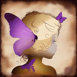 A funky abstract image with a brown rustic background, featuring a child girl with blonde curly hair seen from the back and a tiny purple butterfly in the background