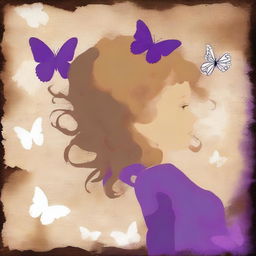 A funky abstract image with a brown rustic background, featuring a child girl with blonde curly hair seen from the back and a tiny purple butterfly in the background