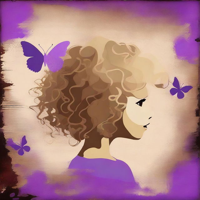 A funky abstract image with a brown rustic background, featuring a child girl with blonde curly hair seen from the back and a tiny purple butterfly in the background