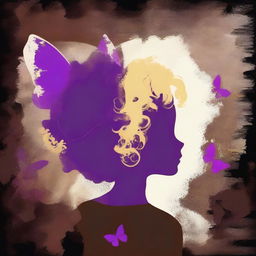 A funky abstract image with a dark brown rustic background, featuring a child girl with blonde curly hair seen from the back and a tiny purple butterfly in the background