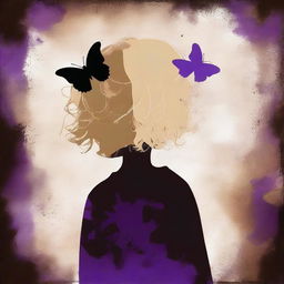 A funky abstract image with a dark brown rustic background, featuring a child girl with blonde curly hair seen from the back and a tiny purple butterfly in the background