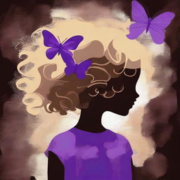 A funky abstract image with a dark brown rustic background, featuring a child girl with blonde curly hair seen from the back and a tiny purple butterfly in the background