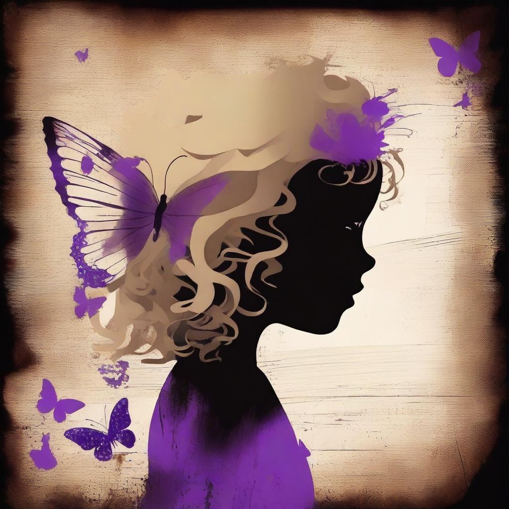 A funky abstract image with a dark brown rustic background, featuring a child girl with blonde curly hair seen from the back and a tiny purple butterfly in the background