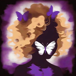 A funky abstract image with a dark brown rustic background, featuring a child girl with blonde curly hair seen from the back and a tiny purple butterfly in the background