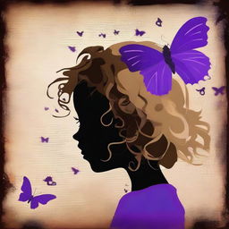 A funky abstract image with a dark brown rustic background, featuring a child girl with blonde curly hair seen from the back and a tiny purple butterfly in the background