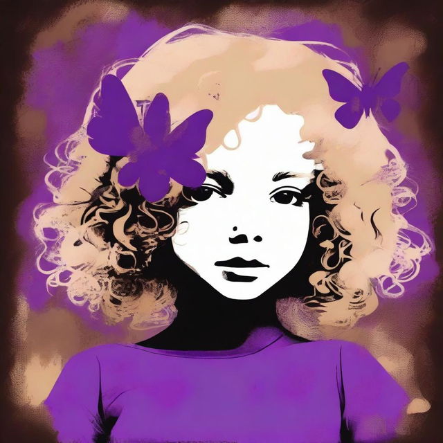 A funky abstract image with a dark brown rustic background, featuring a child girl with blonde curly hair seen from the back and a tiny purple butterfly in the background