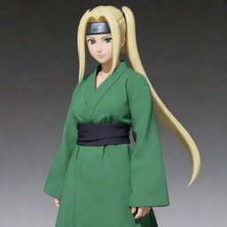 The legendary Sannin, Tsunade Senju, from Naruto. She's seen with her characteristic long, blond hair tied in two loose ponytails, piercing brown eyes, and wearing a green robe with the Konoha symbol on the back.