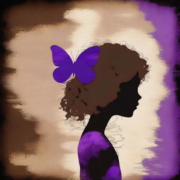 A funky abstract image with a dark brown rustic background, featuring a child girl with blonde curly hair seen from the back and a tiny purple butterfly in the background