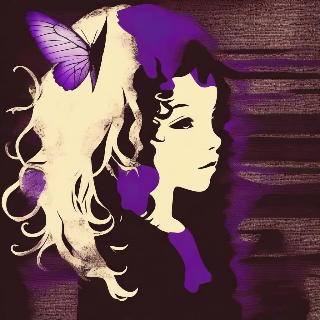 A funky abstract image with a dark brown rustic background and bars, featuring a child girl with blonde curly hair seen from the back and a tiny purple butterfly in the background