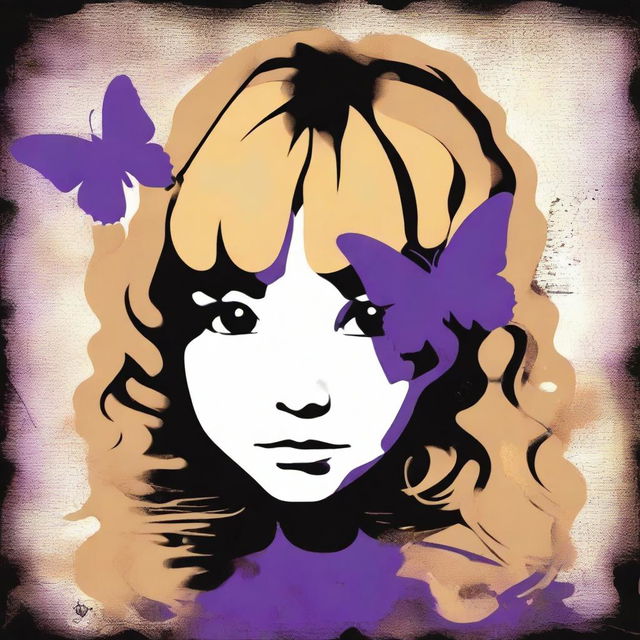 A funky abstract image with a dark brown rustic background and bars, featuring a child girl with blonde curly hair seen from the back and a tiny purple butterfly in the background