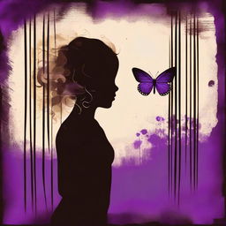 A funky abstract image with a dark brown rustic background and bars, featuring a child girl with blonde curly hair seen from the back and a tiny purple butterfly in the background