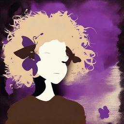 A funky abstract image with a dark brown rustic background and bars, featuring a child girl with blonde curly hair seen from the back and a tiny purple butterfly in the background