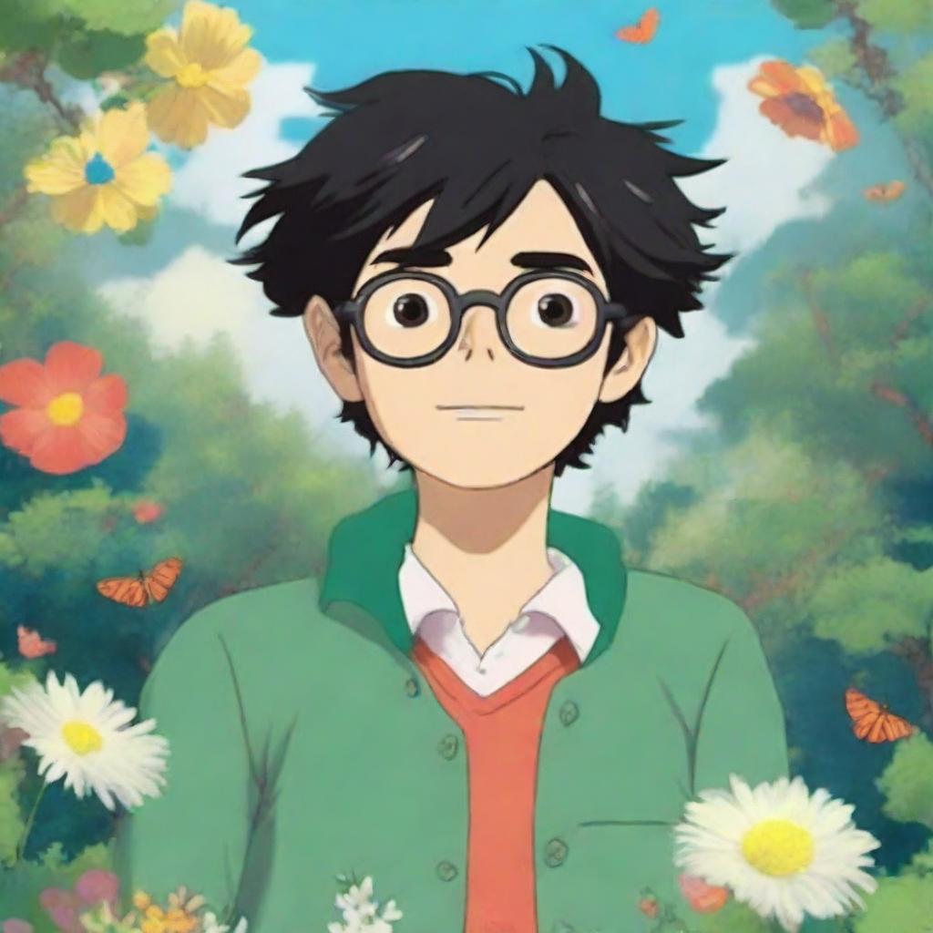 A whimsical male character with black hair and glasses in the style of Studio Ghibli