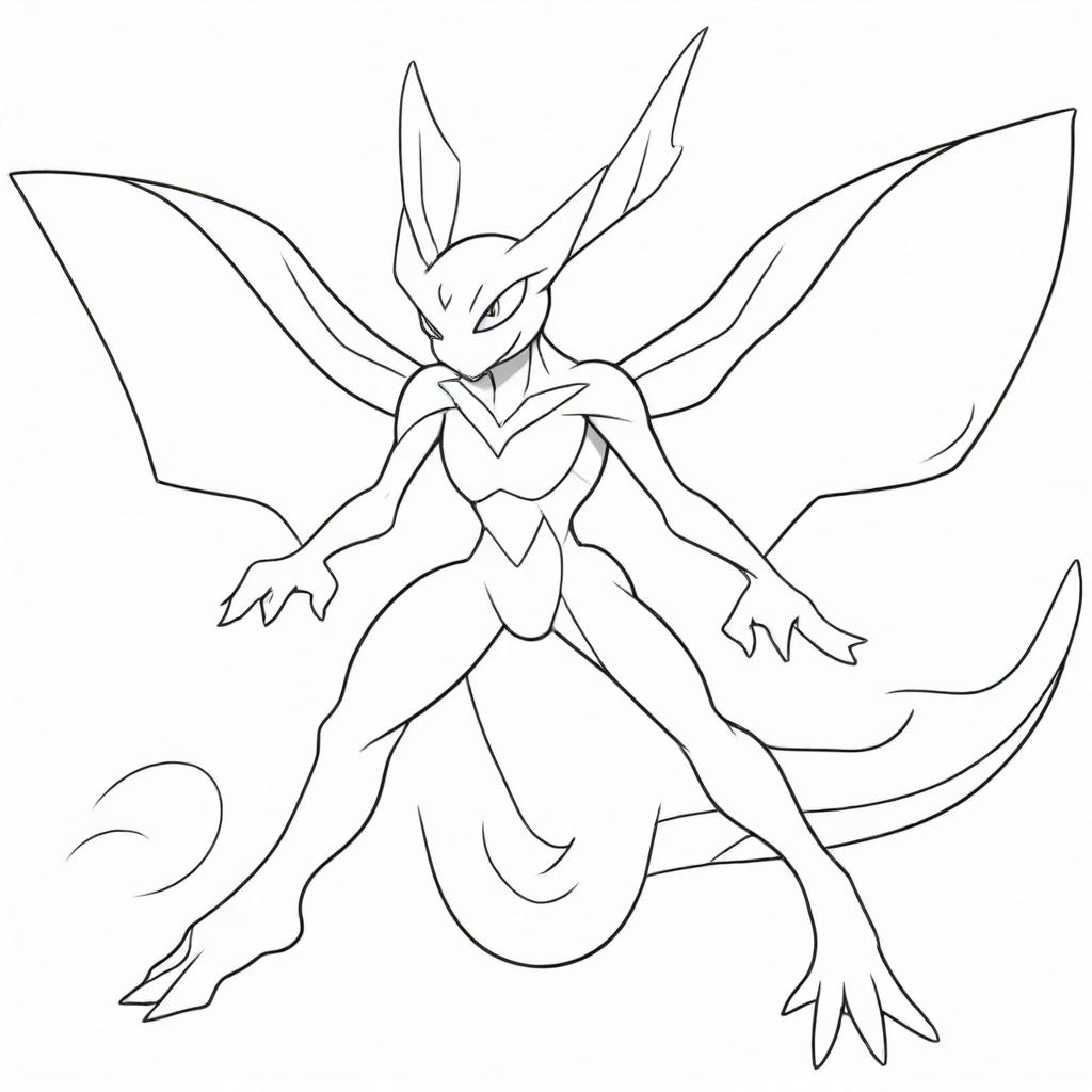 A black and white drawing of a fusion Pokemon featuring the body of Greninja, wings of Charizard, and the face of Mewtwo for coloring.