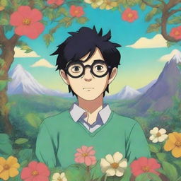 A whimsical male character with black hair and glasses in the style of Studio Ghibli