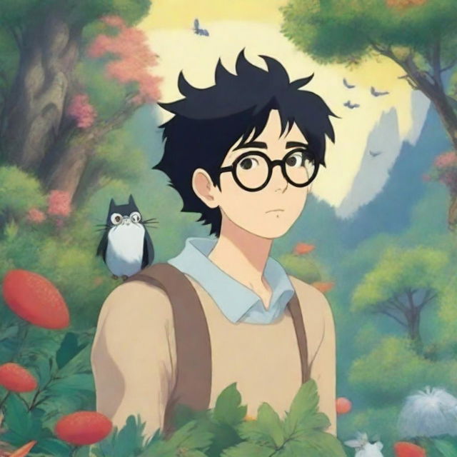 A whimsical male character with black hair and glasses in the style of Studio Ghibli