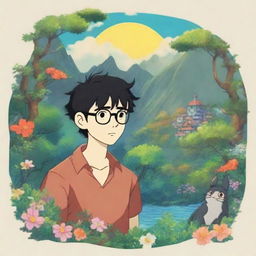 A whimsical male character with black hair and glasses in the style of Studio Ghibli