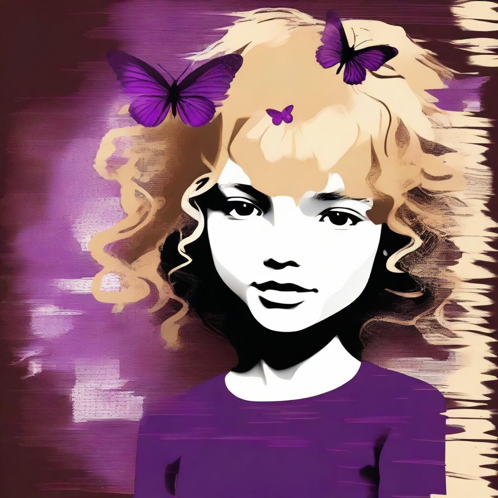 A funky abstract image with a dark brown rustic background and bars, featuring a child girl with blonde curly hair seen from the back and a tiny purple butterfly in the background