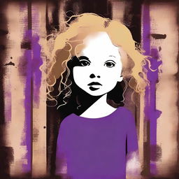 A funky abstract image with a dark brown rustic background and bars, featuring a child girl with blonde curly hair seen from the back and a tiny purple butterfly in the background