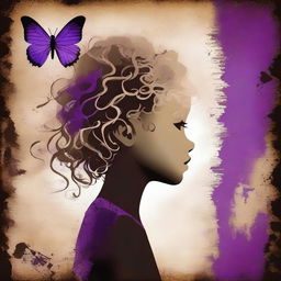 A funky abstract image with a dark brown rustic background and bars, featuring a child girl with blonde curly hair seen from the back and a tiny purple butterfly in the background