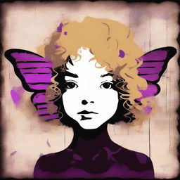 A funky abstract image with a dark brown rustic background and bars, featuring a child girl with blonde curly hair seen from the back and a tiny purple butterfly in the background