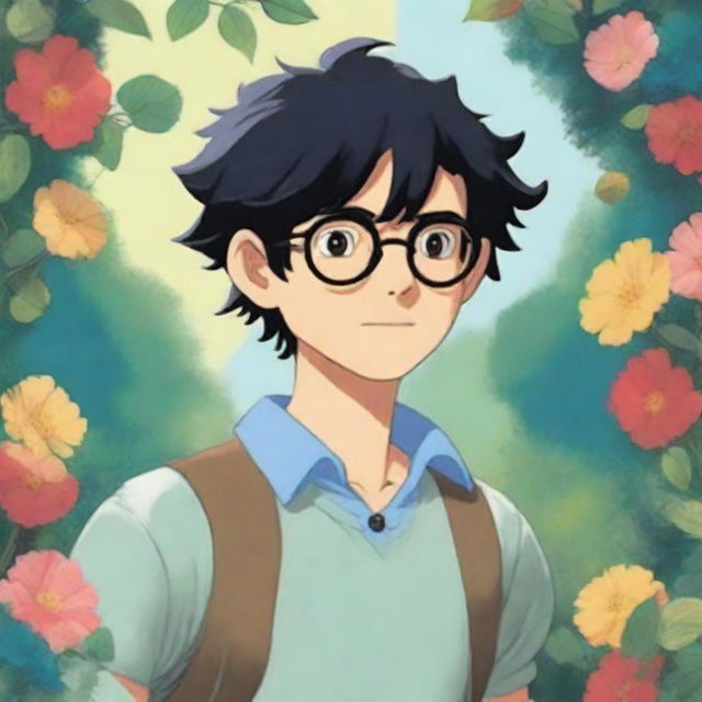 A whimsical male character with black hair and glasses in the style of Studio Ghibli