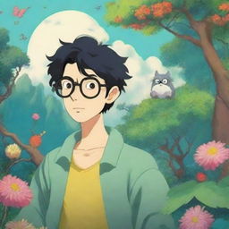 A whimsical male character with black hair and glasses in the style of Studio Ghibli