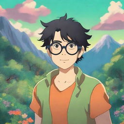 A whimsical male character with black hair and glasses in the style of Studio Ghibli