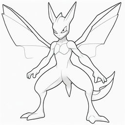 A black and white drawing of a fusion Pokemon featuring the body of Greninja, wings of Charizard, and the face of Mewtwo for coloring.