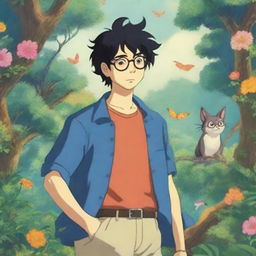 A whimsical male character with black hair and glasses in the style of Studio Ghibli