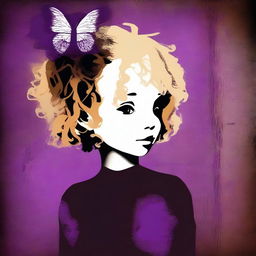 A funky abstract image with a dark brown rustic background featuring bars, a child girl with blonde curly hair seen from the back, and a tiny purple butterfly in the background